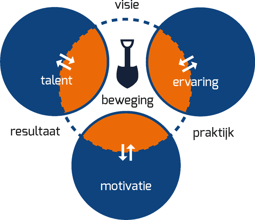 Het Talentmodel voor organisaties: Talent, Ervaring en Motivatie met Beweging in het midden en Visie, Praktijk en Resultaat eromheen
