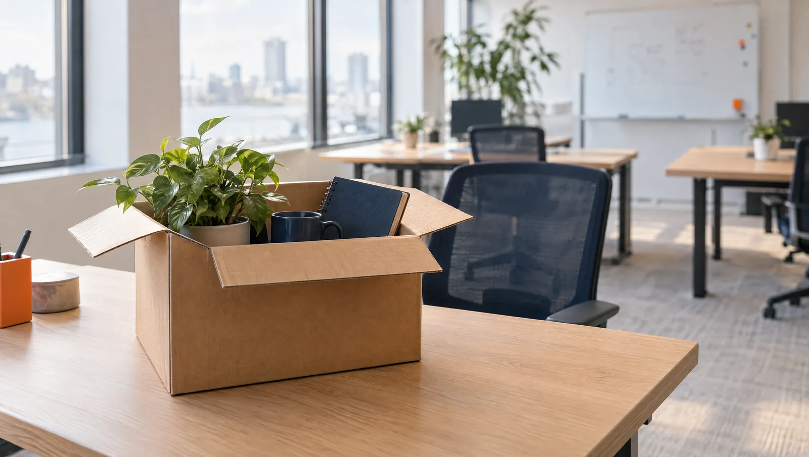 Een leeg bureau in een licht kantoor met een verhuisdoos met een plant, een mok en een notitieboek erin.