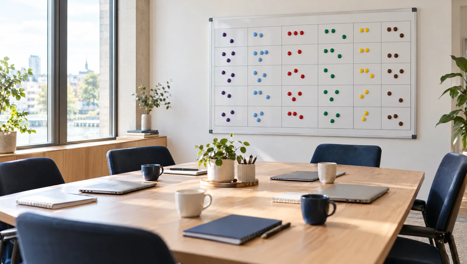 Een lege vergadertafel voor een whiteboard met gekleurde magneten in zes kleuren, zoals een talentenbord van een team.