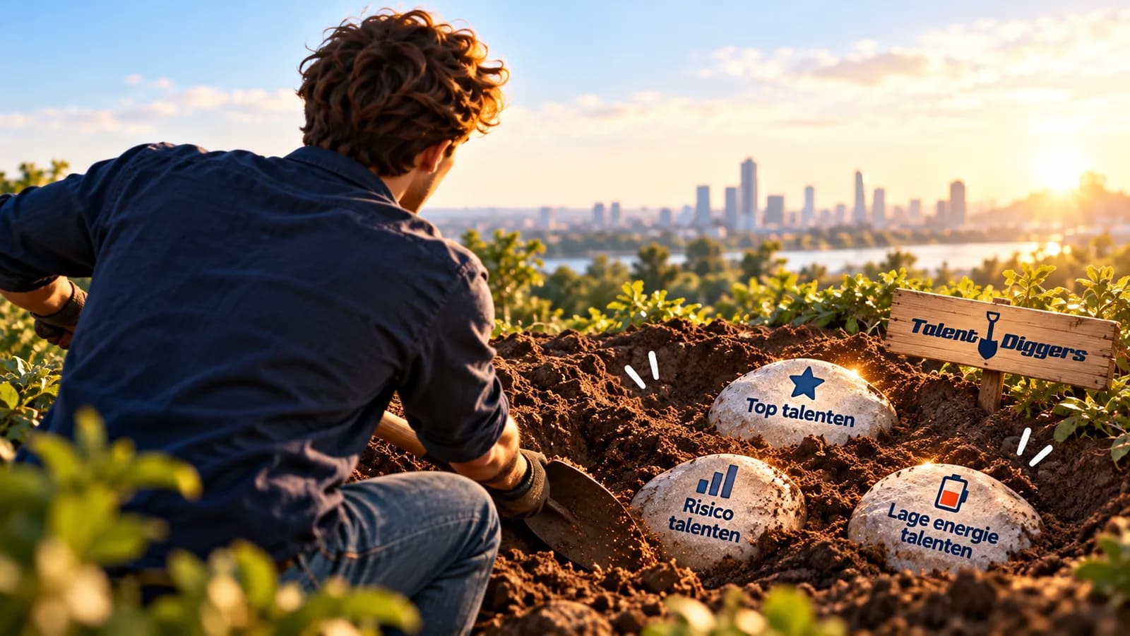 Een man graaft met een schep in de grond en ontdekt zijn verborgen Top Talenten, Risico talenten en Lage Energie talenten.